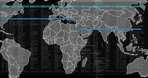 Displaying grayscale world map overlay highlighting IP code columns and teal Stock Photos