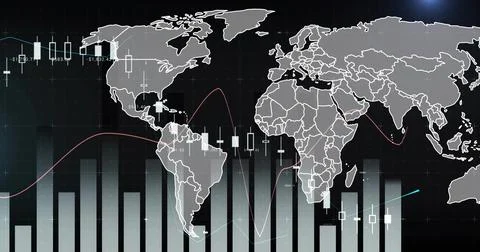 Displaying grayscale world map on trading dashboard with candlesticks bars red Stock Illustration