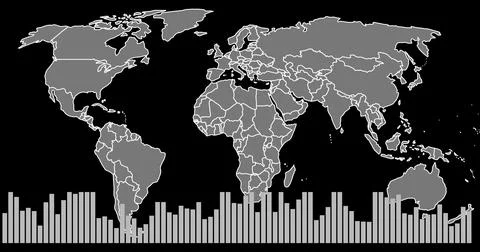 Displaying grayscale world map with white country outlines on solid black Illustrazione stock