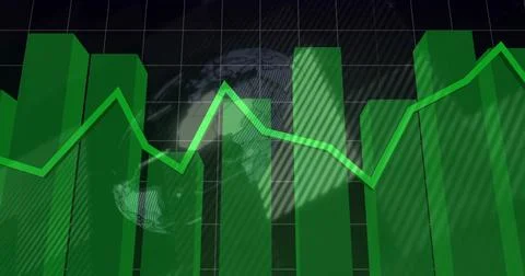Displaying green 3D bar chart centered on digital dashboard, showing neon-green Stock Illustration