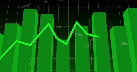 Displaying green 3D bar chart rising on dark gridded plane, with neon lime line Illustrazione stock