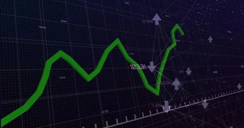 Displaying green 3D line chart flowing across purple grid plane, with axis, a Stock Illustration