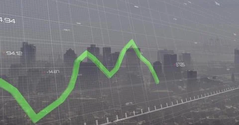 Displaying green 3D line chart moving across downtown skyline, with grid and 写真素材