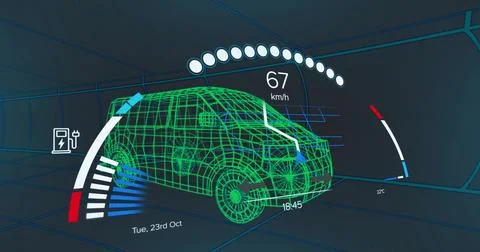 Displaying green 3D wireframe car model moving in grid tunnel, showing 67 km or Stock Illustration
