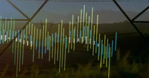 Displaying green and blue equalizer bars overlaying farmland at dawn with pivot Foto stock