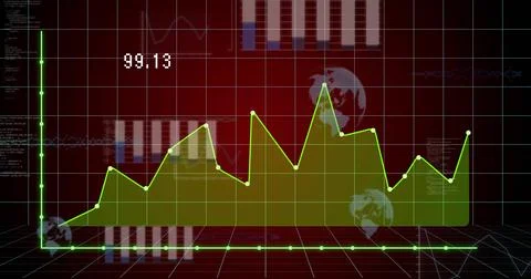 Displaying green area chart with white circular markers on red dashboard, Illustrazione stock