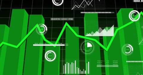Displaying green bar chart columns and bright line graph on data dashboard, with Foto stock