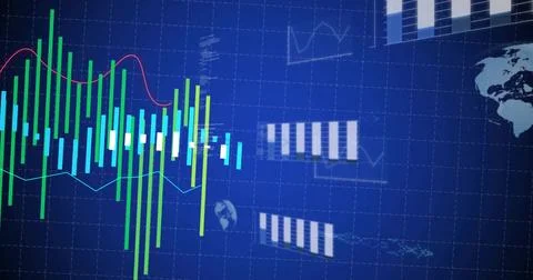 Displaying green bar clusters with red and light blue line graphs on trading Stock Illustration