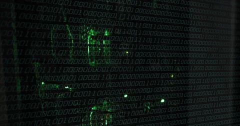 Displaying green binary matrix overlaying circuit traces on reflective panel, Stockillustratie
