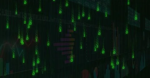 Displaying green binary streams on digital dashboard, with bar graphs, line Stock Illustration