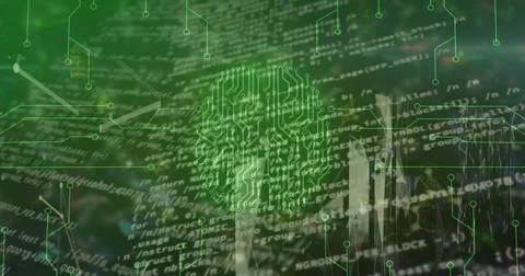 Displaying green brain shape glowing amid code and circuit traces in data cen Foto stock