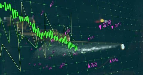 Displaying green candlestick chart declining on trading dashboard, showing Stock Illustration