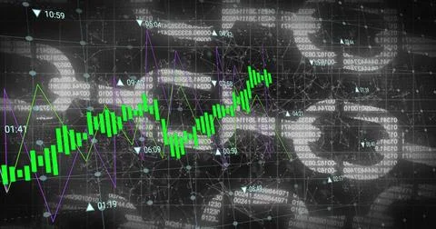 Displaying green candlestick chart showing trend on network grid interface, w 스톡 일러스트
