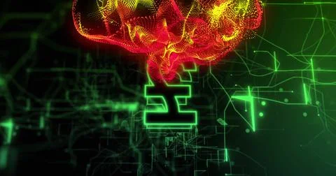 Displaying green Chinese character ? floating over cyberspace, with brain mesh Illustrazione stock