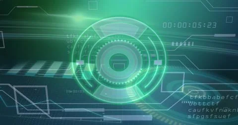 Displaying green circular interface with rings over grid in AR UI with panels, Stock Illustration