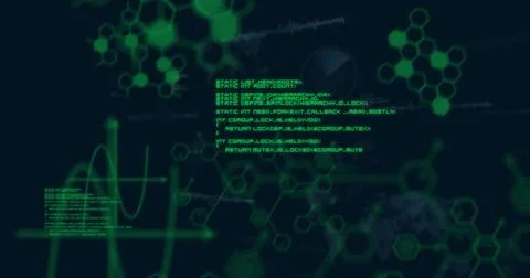 Displaying green code executing on digital interface, with molecular diagrams Stock Illustration
