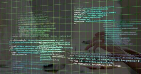 Displaying green code overlay, silver laptop computer resting on wooden desk, Stock Photos