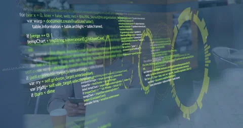 Displaying green coding text and animation, person smiling behind transparent Stock Footage 304856971