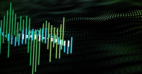Displaying green, cyan and white vertical bars pulsing over dotted grid waves in Ilustração Stock