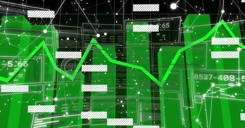 Displaying green data dashboard showing bar charts, neon line graph, numeric 스톡 일러스트