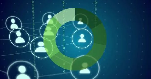 Displaying green donut ring overlaying virtual network, showing avatars, lines, イラスト素材