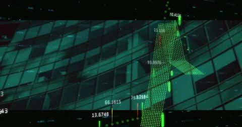 Displaying green dotted arrow trending upward on glass facade with candlestick Ilustración de archivo