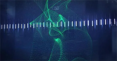 Displaying green dotted particle mesh undulating on screen with white tick bar, Stock Illustration