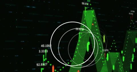 Displaying green dotted peak rising over dark grid chart, showing white rings, Ilustração Stock