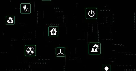 Displaying green energy icon array floating across data dashboard, recycling Illustrazione stock