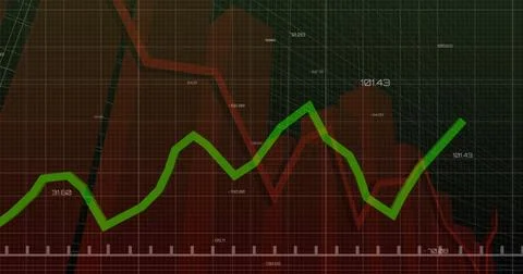 Displaying green fluctuating data line moving across dashboard grid overlay, Foto stock