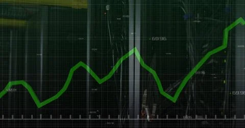 Displaying green fluctuating line chart on grid interface, with reflective Stock Illustration