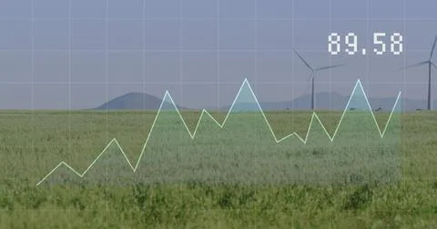 Displaying green grassland on plain with grid overlay, cyan graph, hill left, Stock Photos