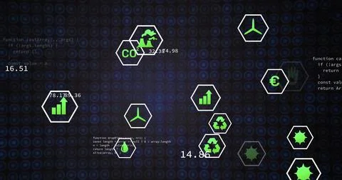 Displaying green hex icon cluster pulsing on dark UI, featuring energy, CO2 and Stock Illustration