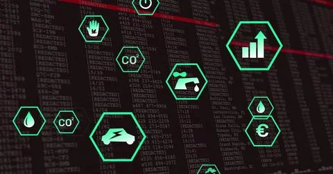 Displaying green hexagonal environmental icons on dark digital dashboard, with Stock Photos