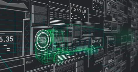 Displaying green holographic interface floating on virtual grid, with wireframe Illustrazione stock