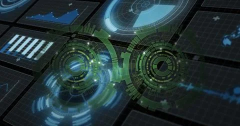 Displaying green HUD elements floating on dark grid, with bar charts, line Stock Photos