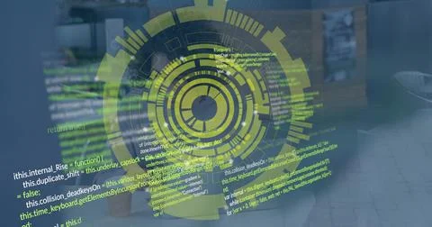 Displaying green HUD interface hovering above desk in office workspace, with 库存照片