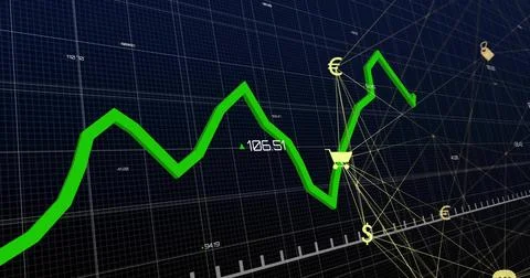 Displaying green jagged line chart shifting on navy grid, linking yellow Stock Illustration
