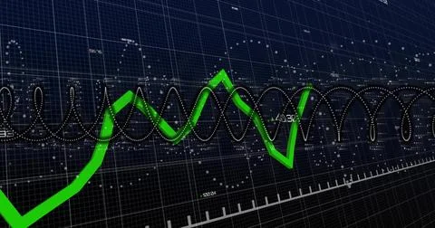 Displaying green jagged line chart on dark display, with ticked grid, dotted Stock Illustration