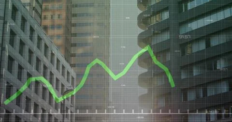 Displaying green jagged line graph overlay crossing downtown high-rise facades Ilustración de archivo