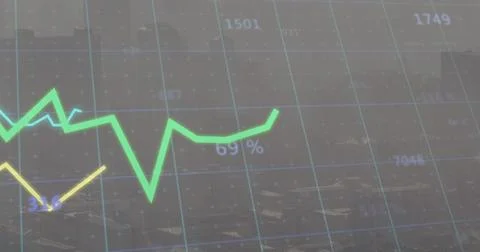 Displaying green jagged line graph moving across turquoise grid over blurred Stock Photos