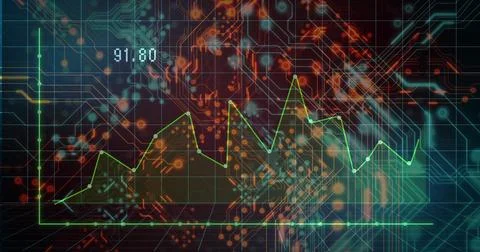 Displaying green line chart with glowing nodes and circuit traces on dashboard, 스톡 일러스트