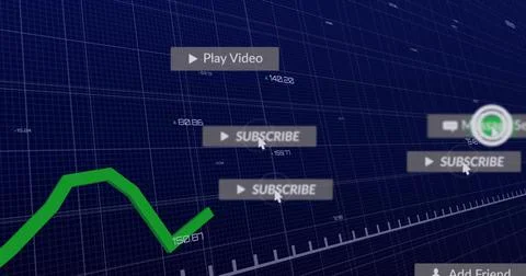 Displaying green line chart gridlines and labels, overlaid play and subscribe Stock Photos