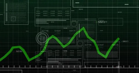 Displaying green line chart moving across UI, with panels grid ticks and Stock Illustration