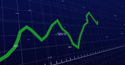 Displaying green line chart rising and falling across grid screen, showing label Stock Illustration