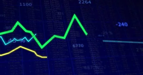 Displaying green line chart rising sharply then dropping on trading screen, with イラスト素材