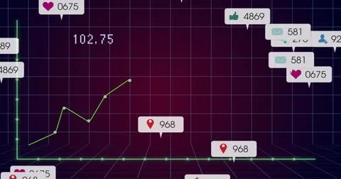 Displaying green line chart rising from left spike across 3D grid, with nodes Stock Illustration
