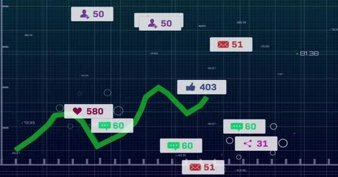 Displaying green line chart showing metrics on navy grid, with icon callouts, Stock Illustration
