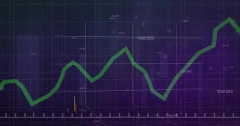 Displaying green line chart tracing fluctuations on market graph with numeric 库存插图
