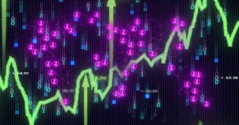 Displaying green line graph on abstract dashboard, showing magenta node clusters Stock Illustration